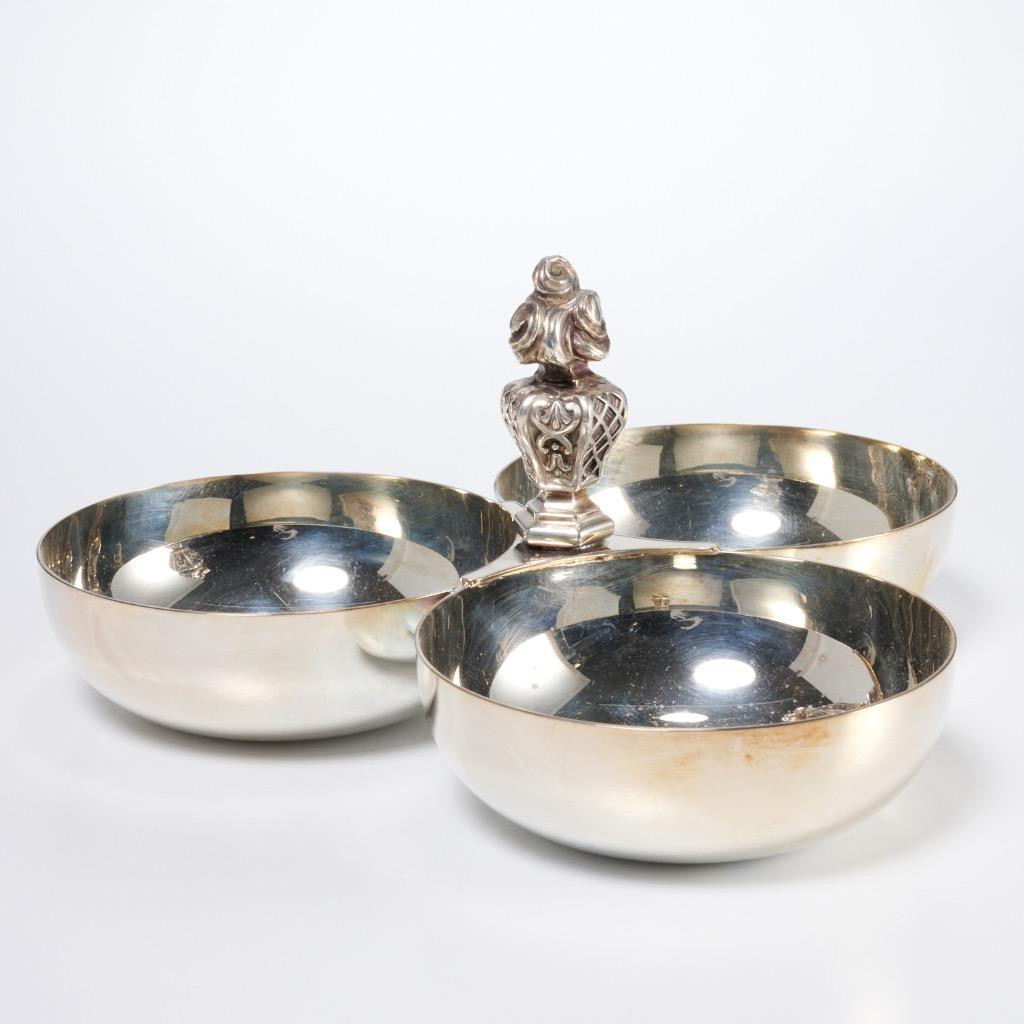 Christofle France Silver Plated Flame Finial 3 Part Bowl Condiment Nut Server