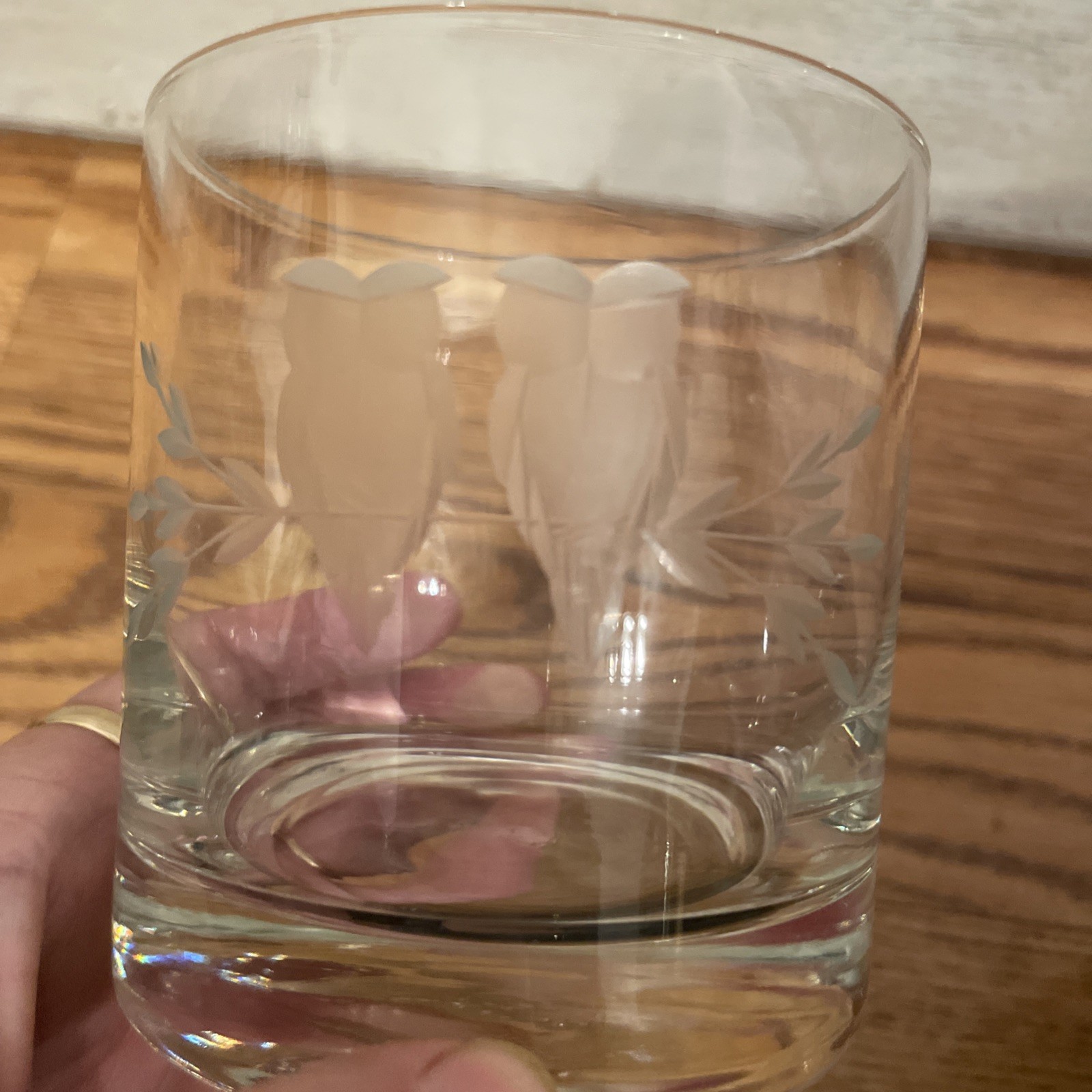 3 Vintage Etched Owls Whiskey Glasses  Barware 1960-70’s Lowball Heavy Bottomed