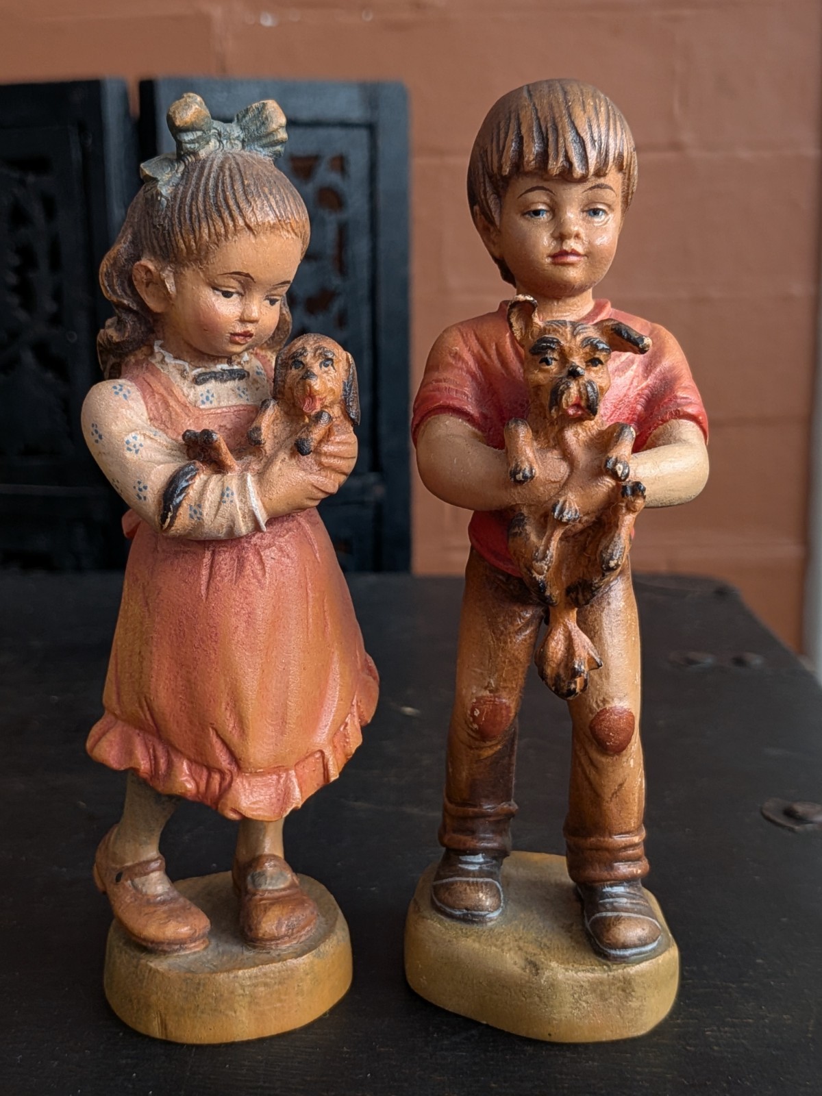 Vintage DOLFI Italy Boy & Girl Dog Art Wood Carved Figurine Italian Wooden Set