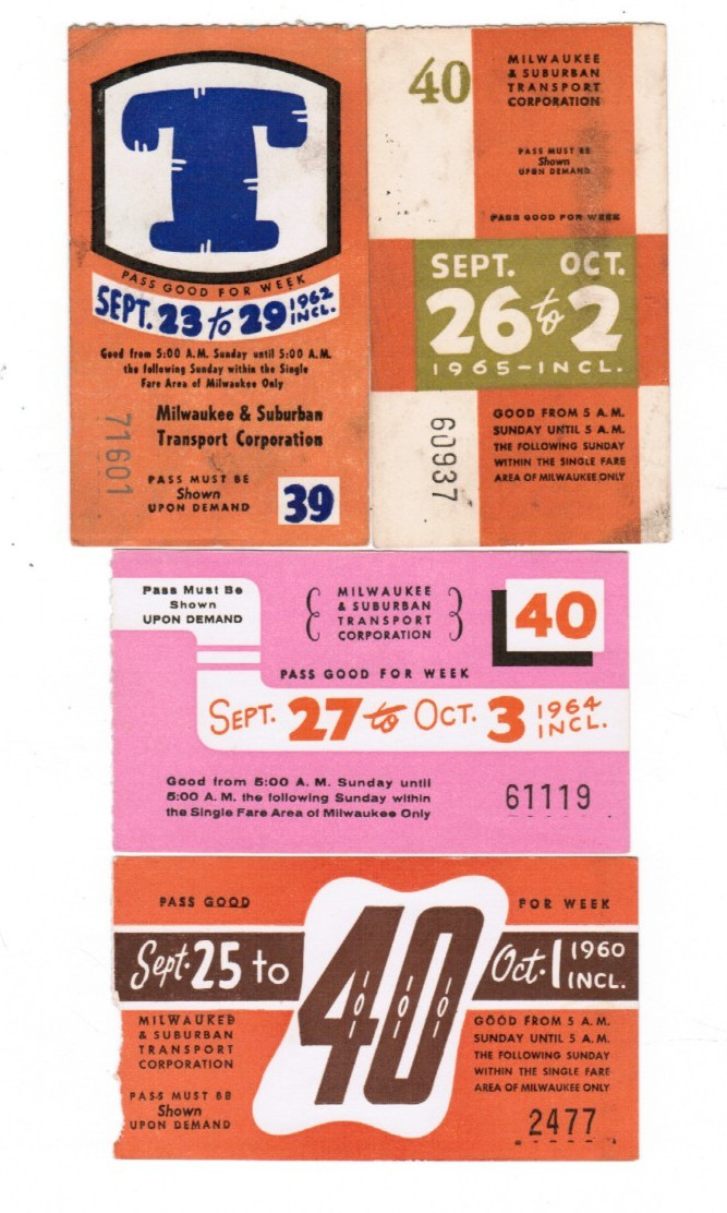 4 Milwaukee Trolley Bus TRANSIT TICKET Passes September 1962 1965 1964 1960