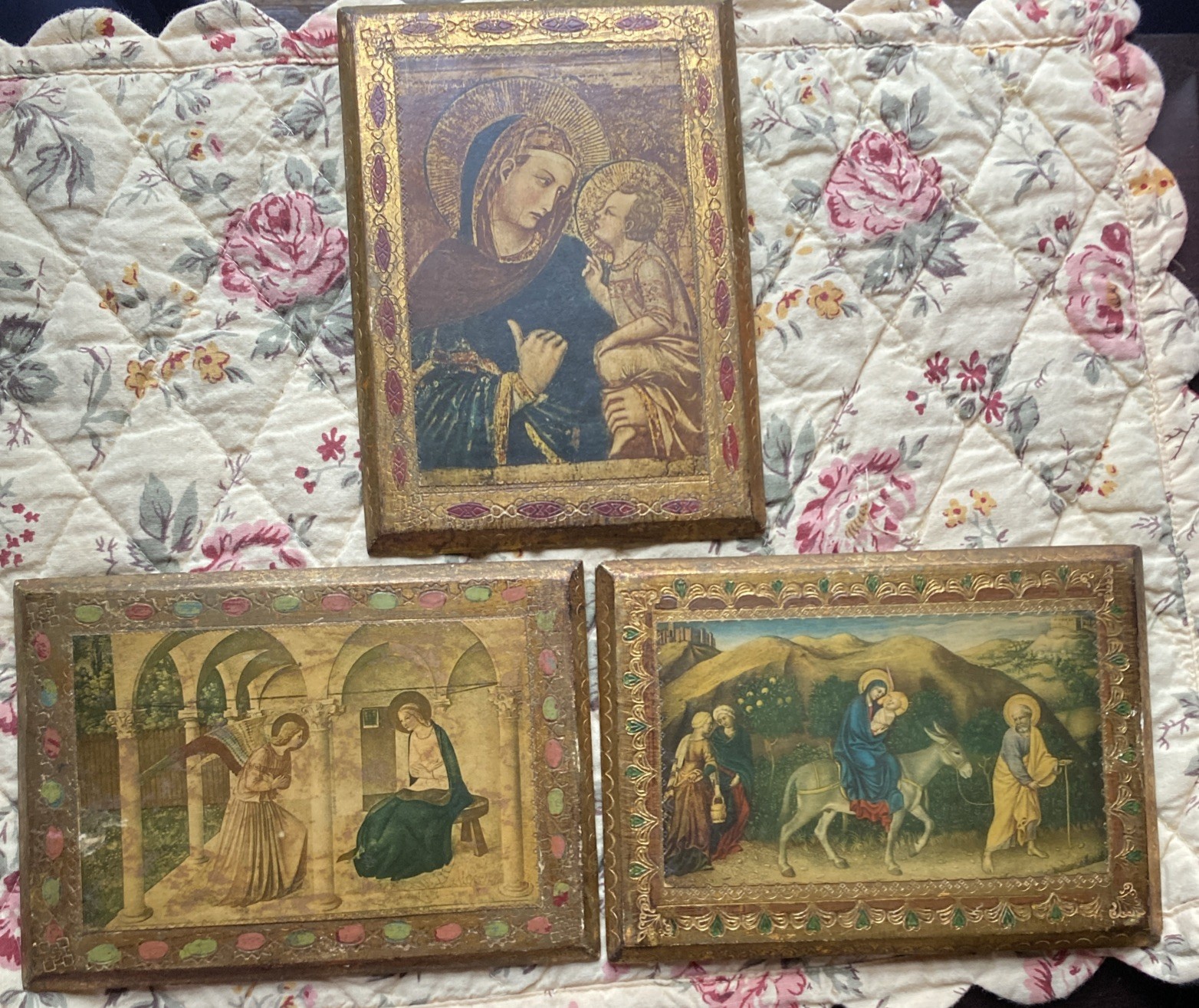 Vintage Italian Florentine Miniature Wall Plaques Madonna & Child Set of 3