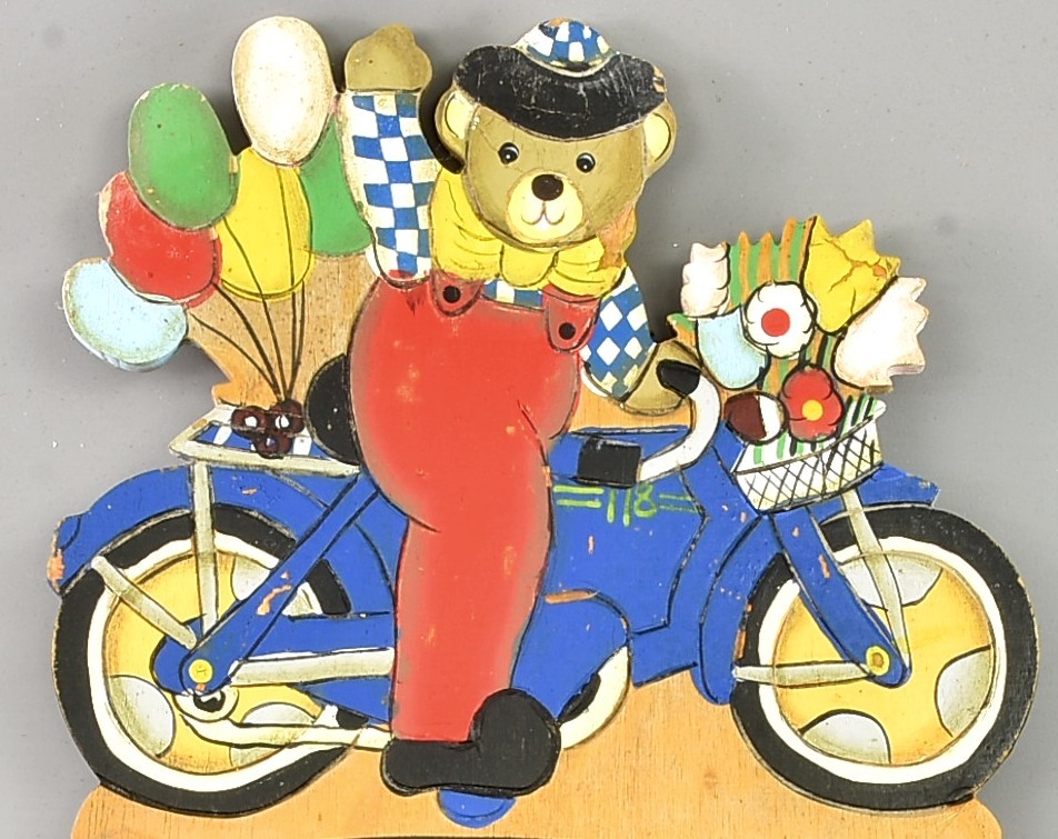 Vintage French Children\'s Blackboard, Teddy Bear on Moped, painted wood – 50/60s