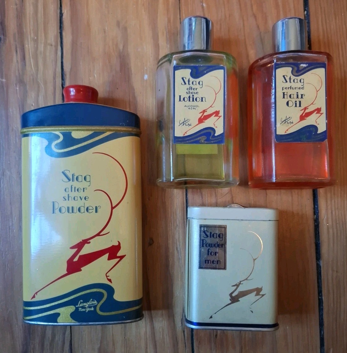 Vtg 1940 Stag Men's Lot After Shave Powder Tins & Glass Bottle Barber Shop Decor