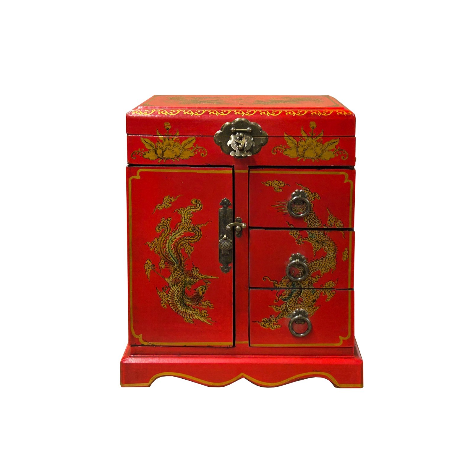 Chinese Oriental Red Dragon Phoenix Mirror Rectangular Jewelry Box GB168