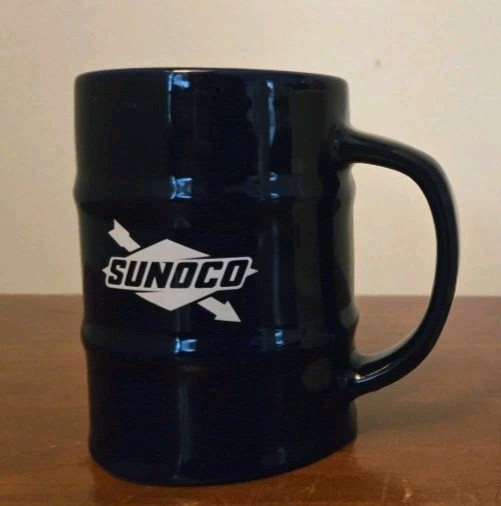 Sunoco Ceramic Oil Barrel Coffee Mug Mfg In USA Royal Blue
