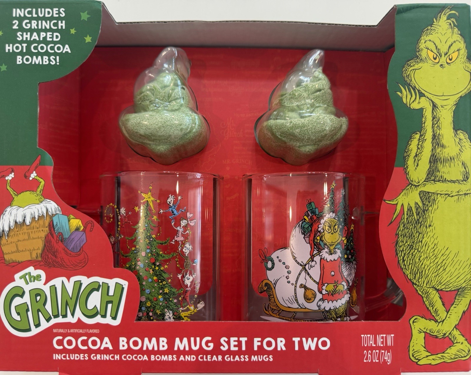 Christmas Glasses The Grinch Cocoa Bomb Mug Set For Two NEW