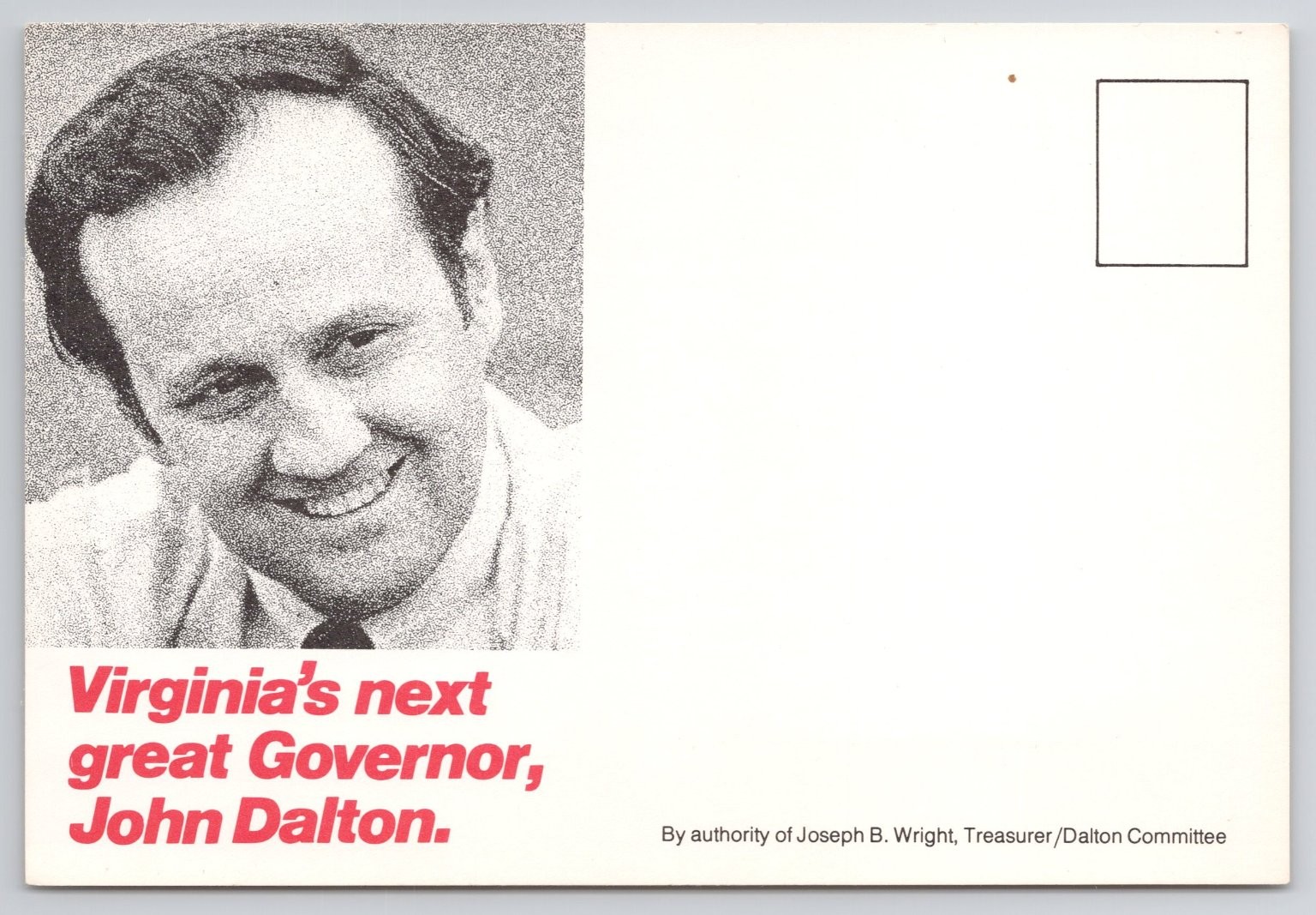 John Dalton for Virginia Governor Political Campaign Postcard 1970s 4x6 a23914