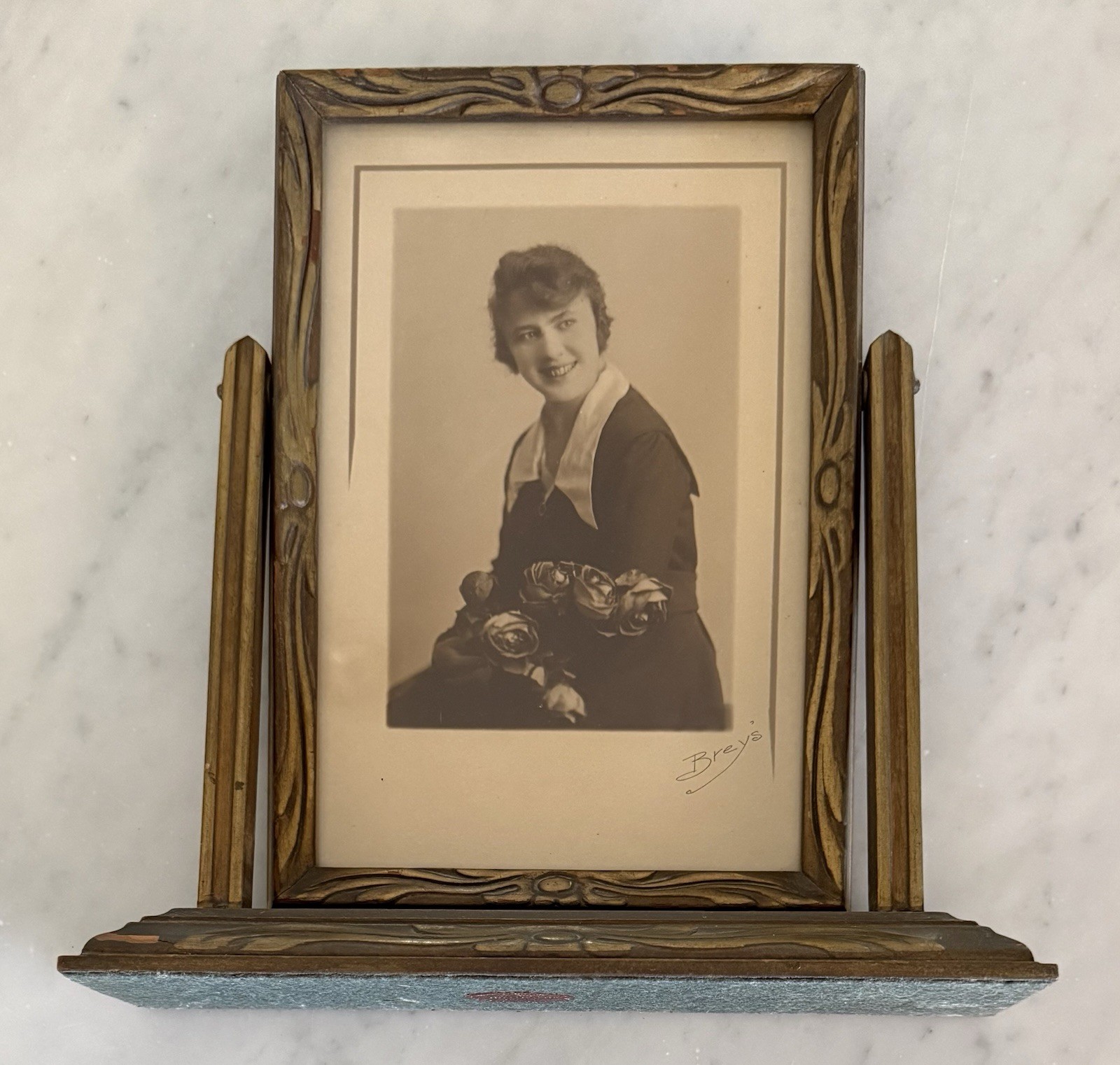 Antique 1916 Art Deco Carved Wood Easel Frame w/ Brey\'s Photo Portrait RARE Antique 1916 Art Deco Carved Wood Easel Frame w/ Brey\'s Photo Portrait RARE