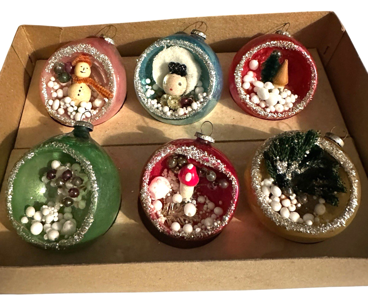 VINTAGE 6 MERCURY GLASS DIORAMA INDENT JAPAN CHRISTMAS ORNAMENTS MULTICOLOR VINTAGE 6 MERCURY GLASS DIORAMA INDENT JAPAN CHRISTMAS ORNAMENTS MULTICOLOR