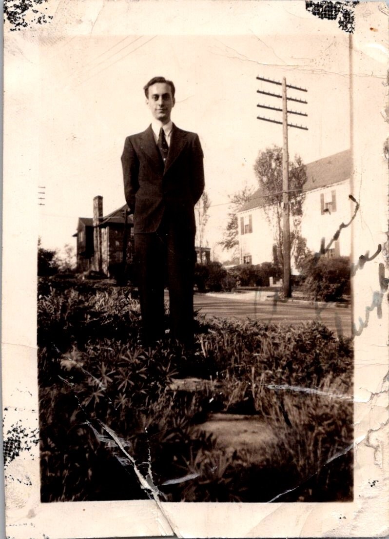 Vintage 1930s-40s Photo Young Man in Suit Outdoor Portrait Houses Utility Pole