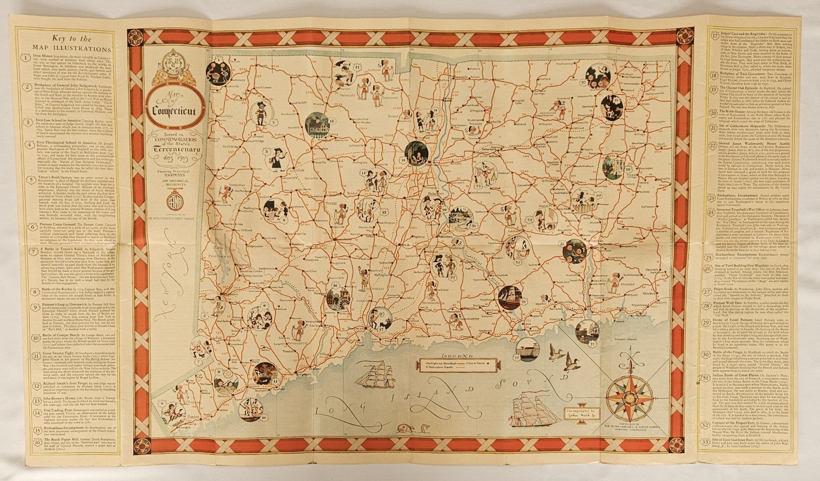 1935 John Held Jr. Map of Connecticut Pictorial Tercentenary Aetna Highways