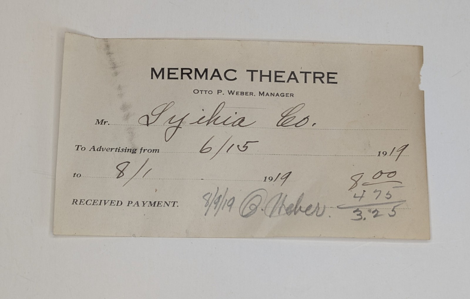 1919 Mermac Theatre Theater West Bend Wisconsin Lithia Beer Receipt, 100+ Years 1919 Mermac Theatre Theater West Bend Wisconsin Lithia Beer Receipt, 100+ Years
