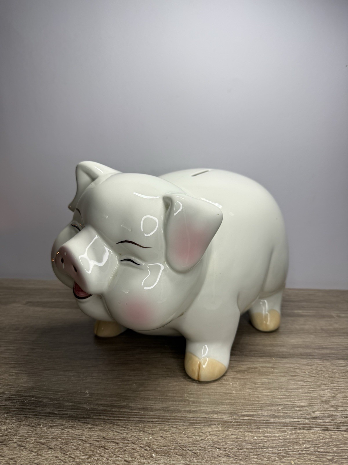 VTG Large Ceramic Piggy Bank White Pink Smiling Pig Coin Savings Bank 11”