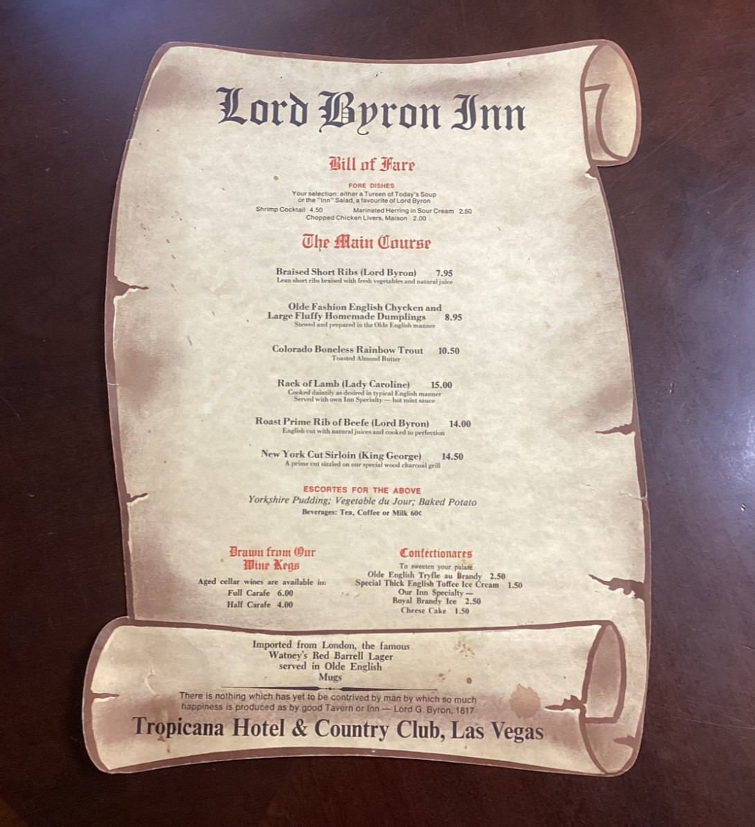 Vintage Las Vegas Restaurant Menu Lord Byron Inn Tropicanna Hotel & Club 1970's 