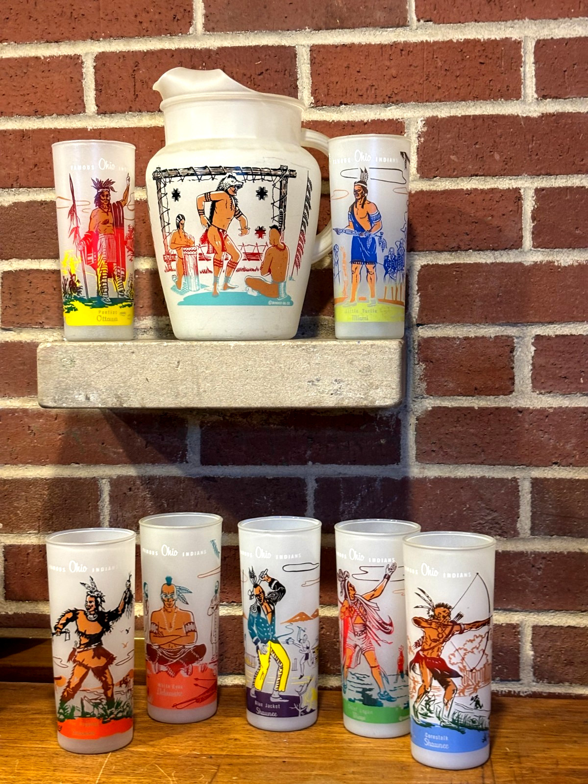 VTG. Bonded Oil Company Frosted Glass Pitcher & 7-Frosted Glasses Ohio Indians VTG. Bonded Oil Company Frosted Glass Pitcher & 7-Frosted Glasses Ohio Indians
