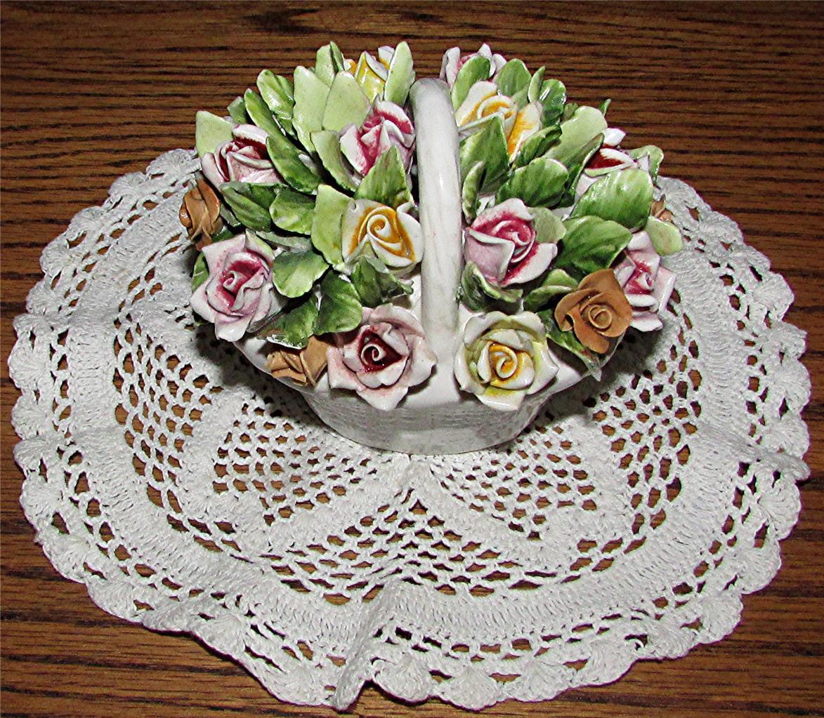 RARE LOVELY VTG. HAND-CRAFTED & PAINTED BONE CHINA BASKET OF PINK & YELLOW ROSES