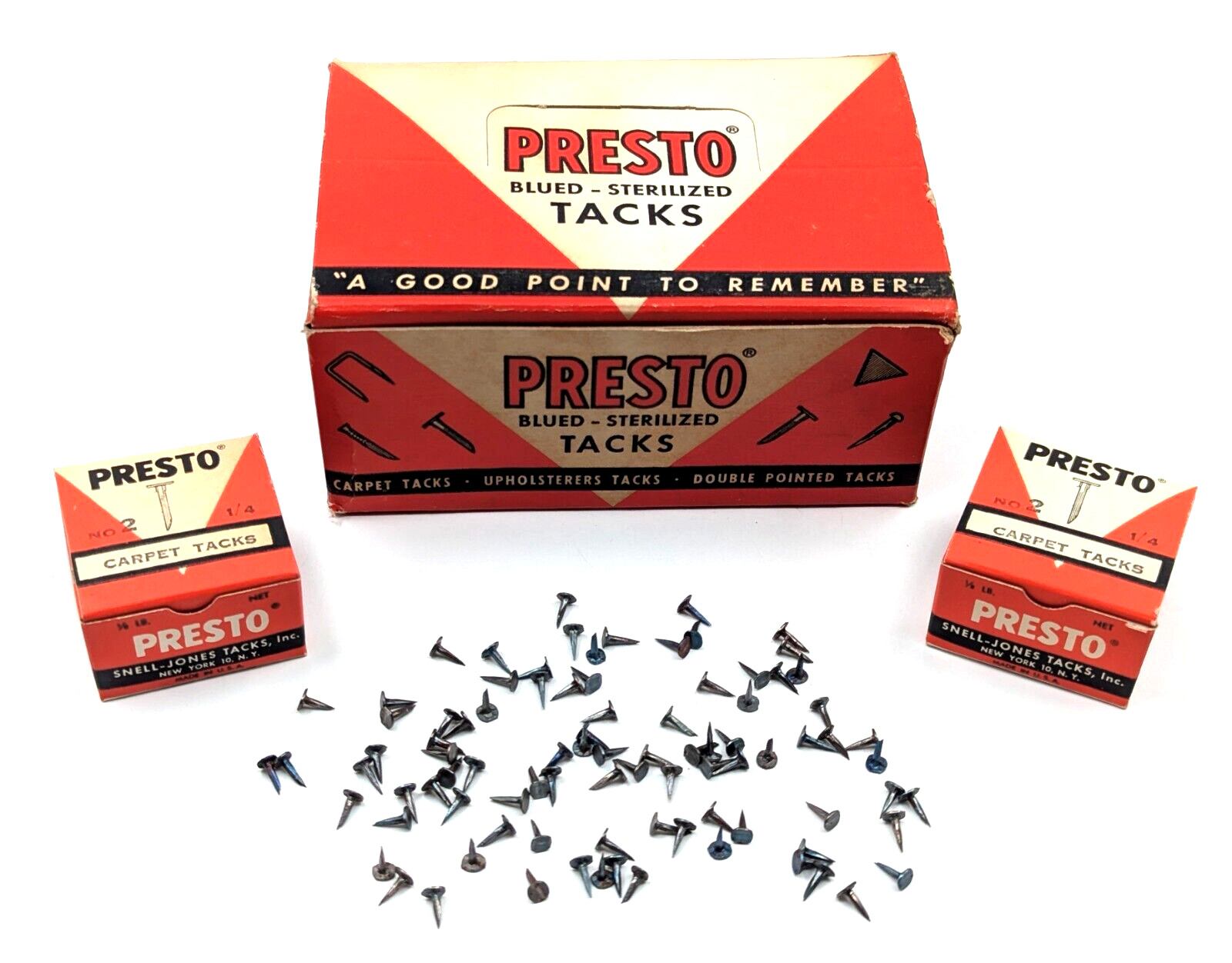 NOS Case of 12 Boxes Vtg. 1940’s-50’s Presto Blued-Sterilized ½” Carpet Tacks