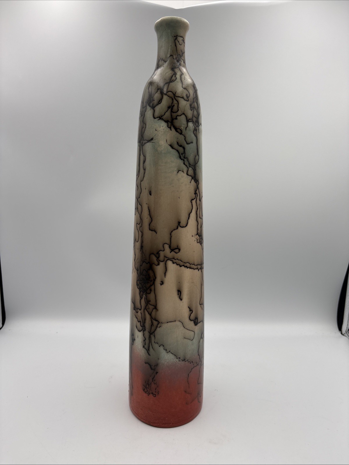 Native American Navajo Horse Hair Raku Pottery 16” Vase Artist Signed MZ Plum
