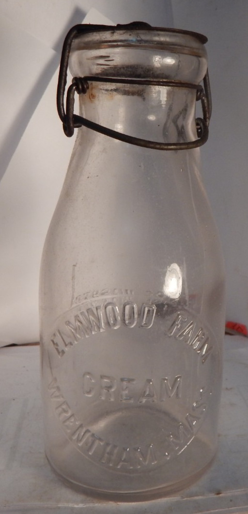 vintage pt tin top milk bottle-Elmwood Farm Cream Wrentham, Mass--to be washed