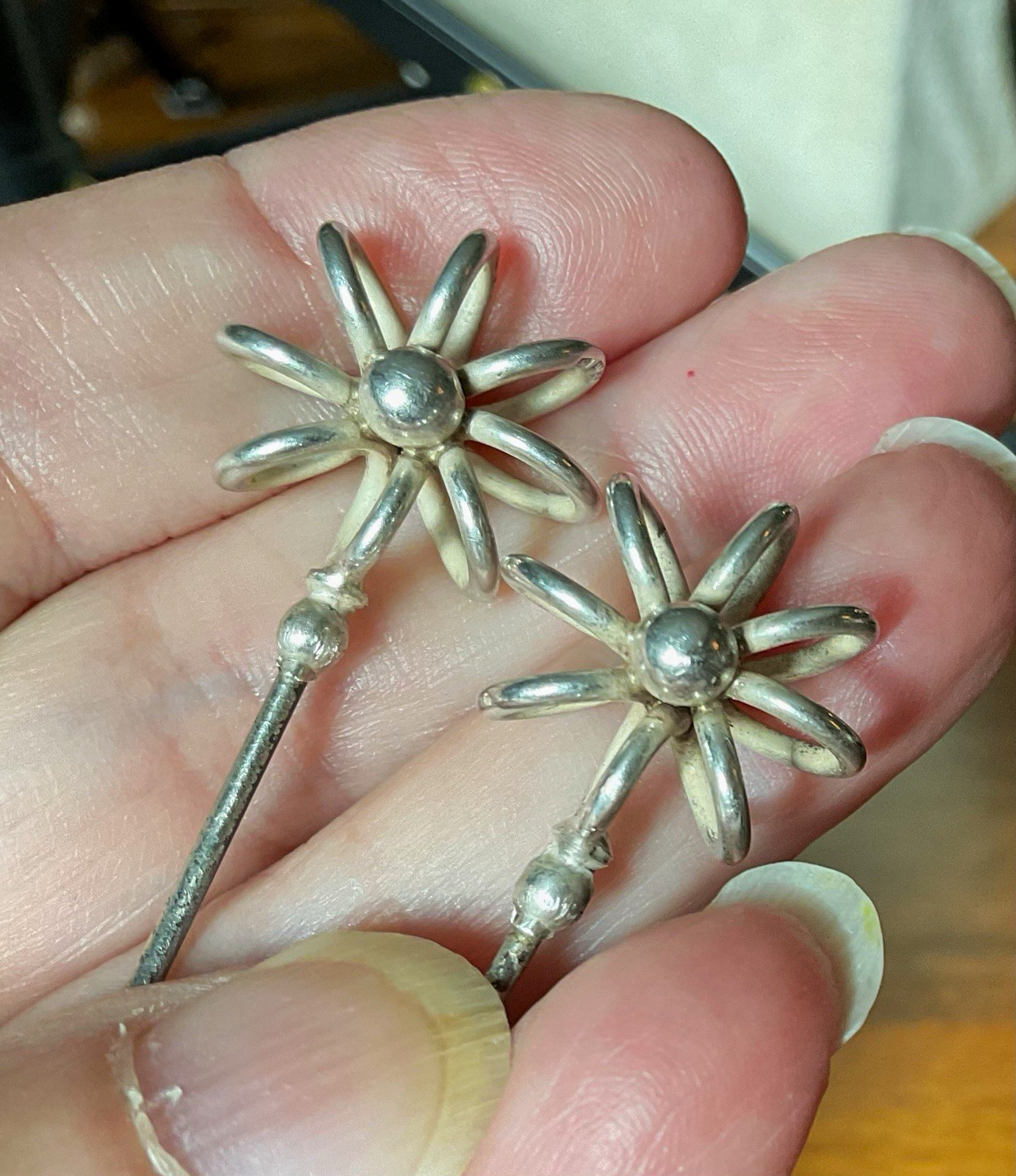 Charles Horner Sterling Silver Loops Flower Hat Pins Pair
