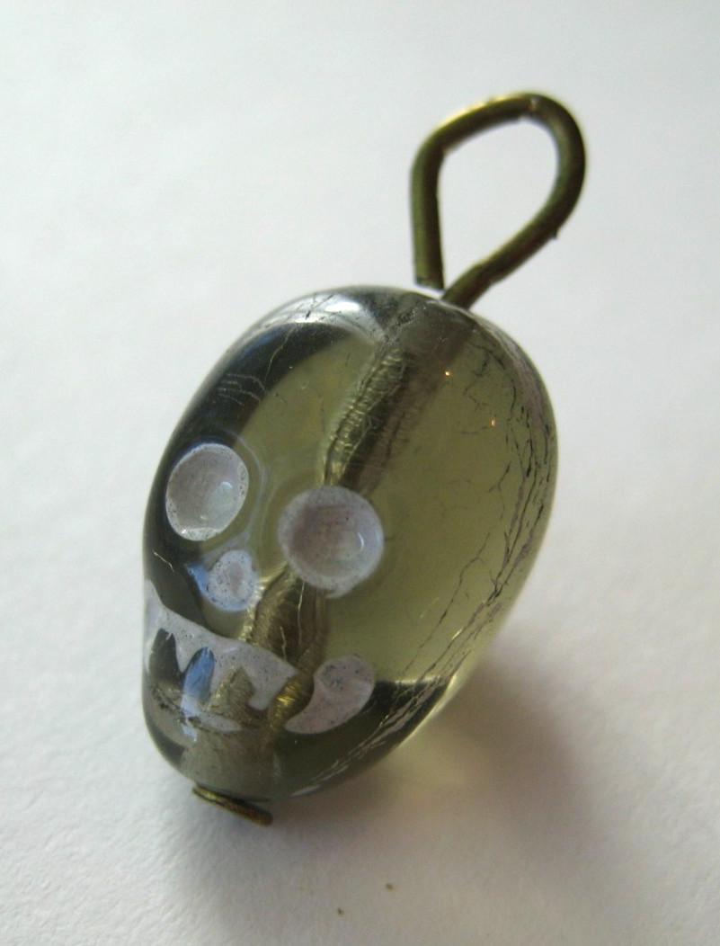 VTG New Old Stock Czech Smoked Glass SKULL Charm Cracker Jack Halloween
