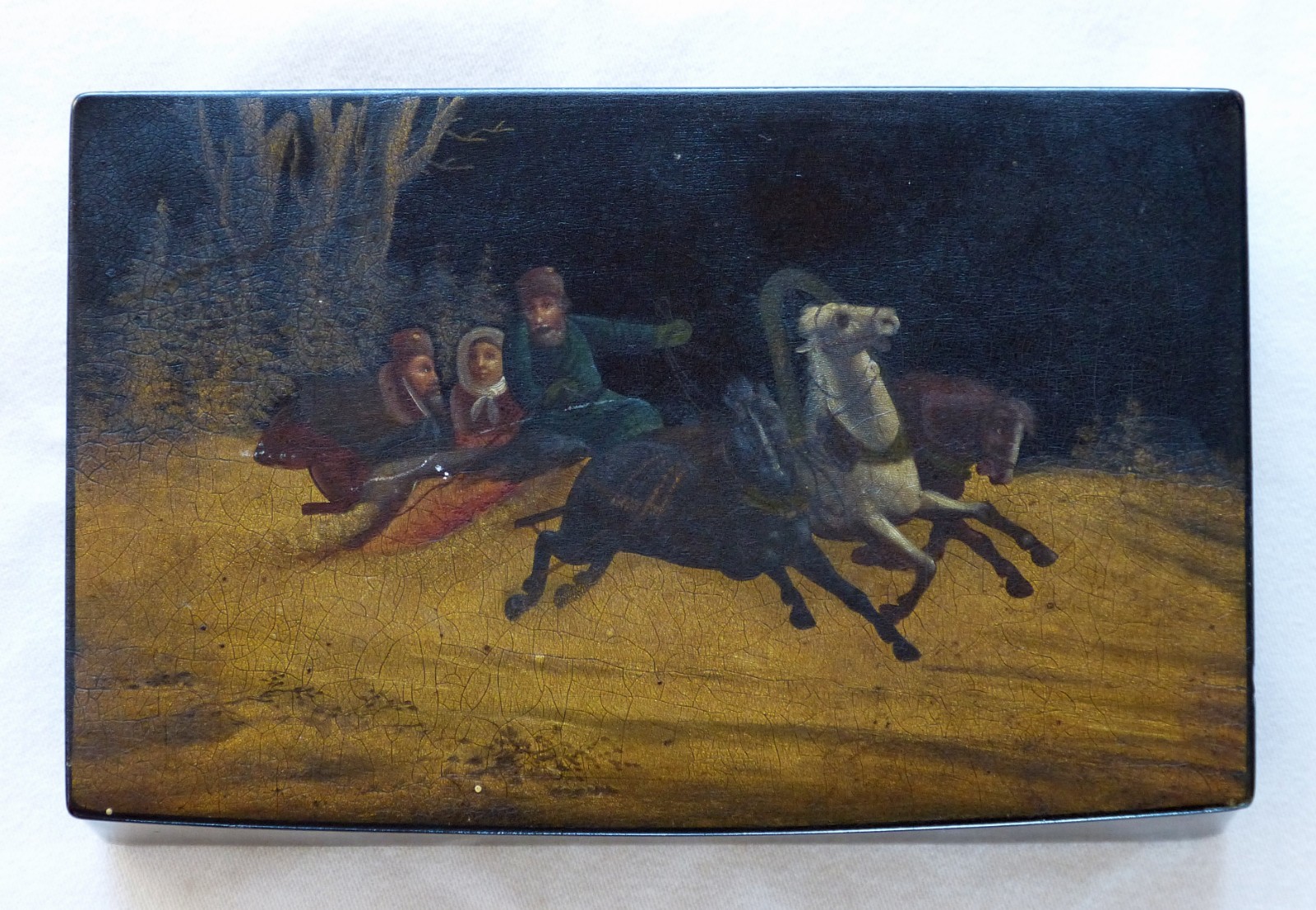 Antique 1870s Imperial Russian Vishnyakov hand-painted lacquer box Winter Troika