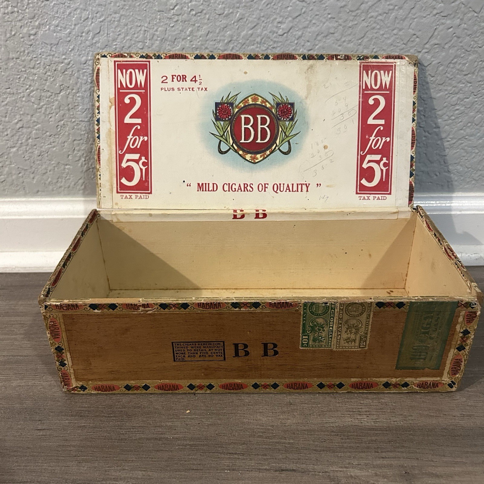 Vintage BB Mild Cigars Wooden Cigar Box w/ Tax Stamps (Empty)