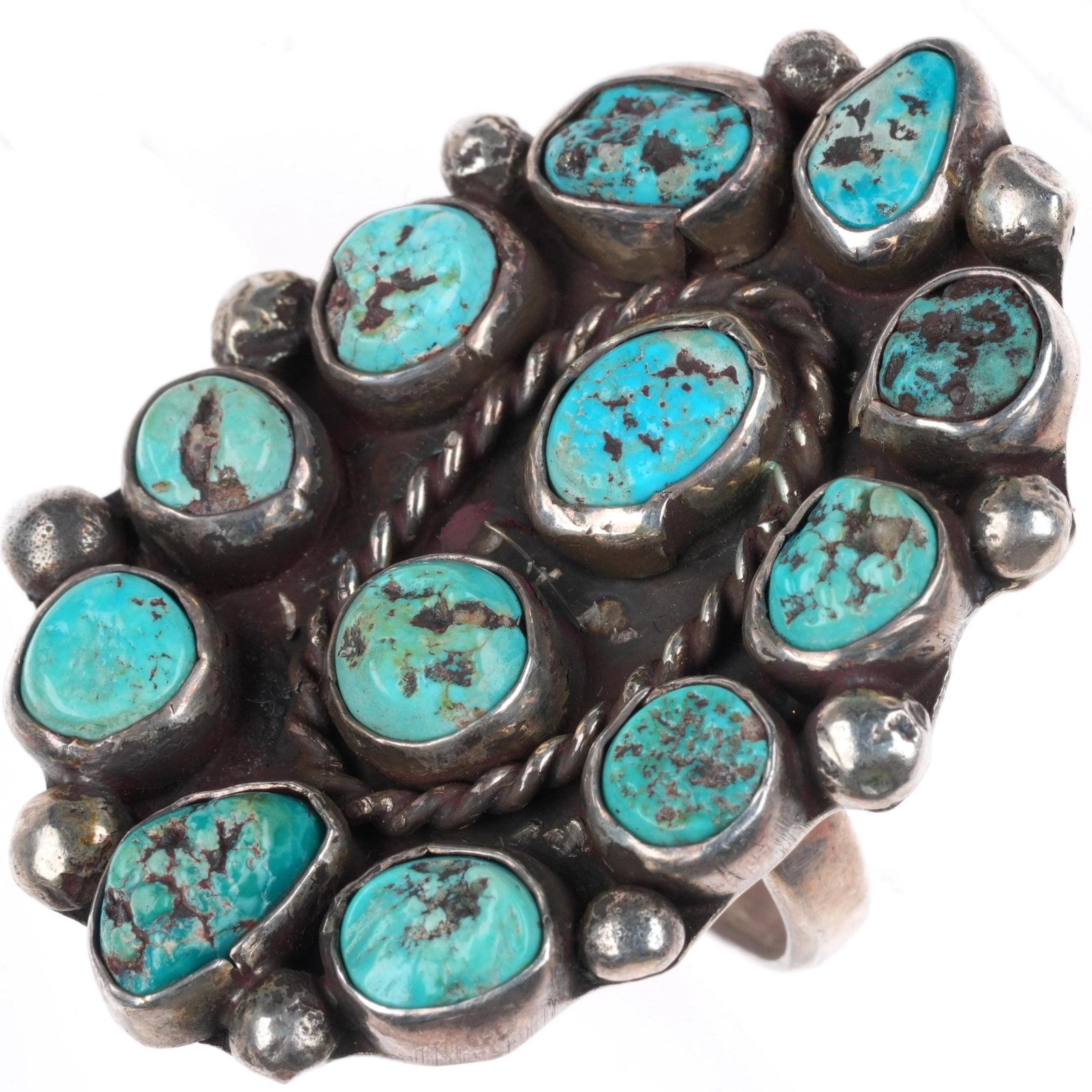 sz9 large vintage Navajo sterling silver turquoise cluster nugget ring sz9 large vintage Navajo sterling silver turquoise cluster nugget ring