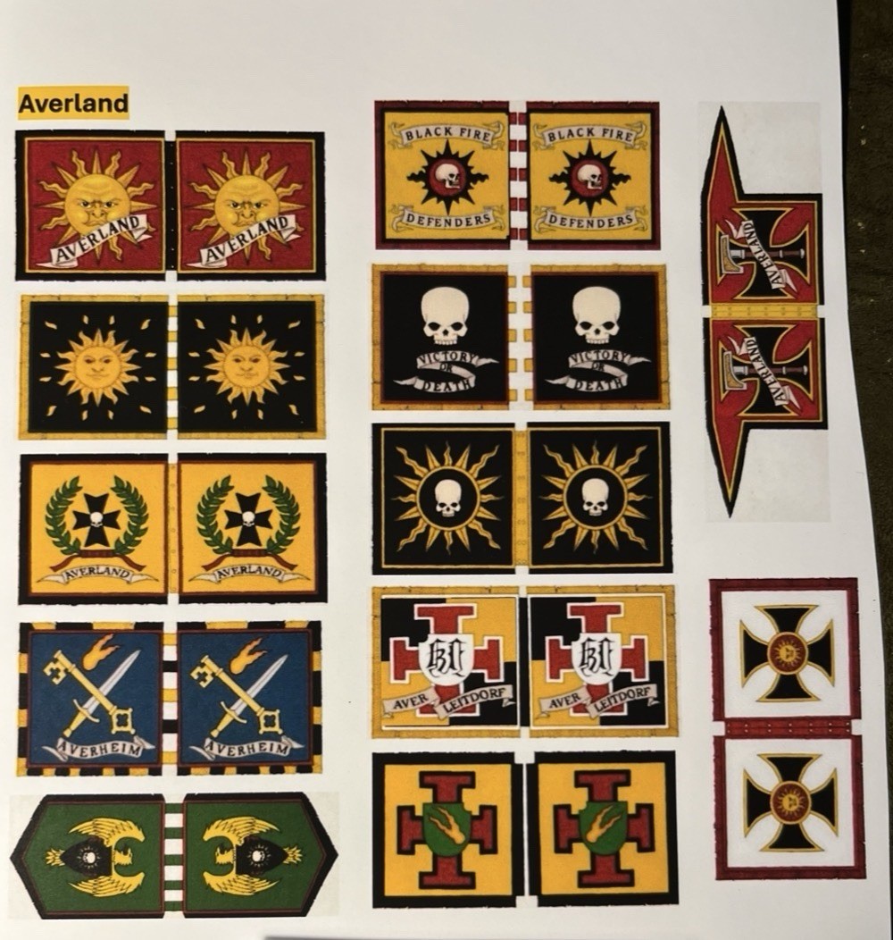 12x 28mm WARHAMMER EMPIRE Flags Banners AVERLAND as Printouts Only