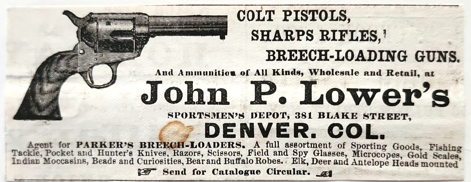 1877 John P Lower Colt Pistols Advertisement Denver Victorian Firearms Sharps