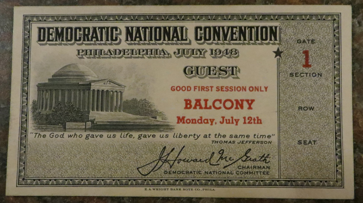 1948 Democratic National Convention Ticket July 12 First Session Balcony Truman