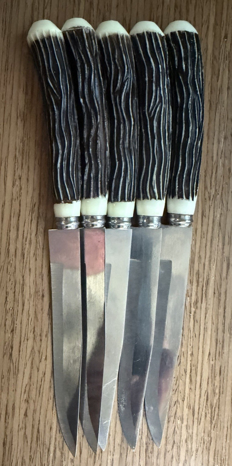 Classic Vintage Faux Stag Handle Carving 5 Steak Knives Stainless Steel