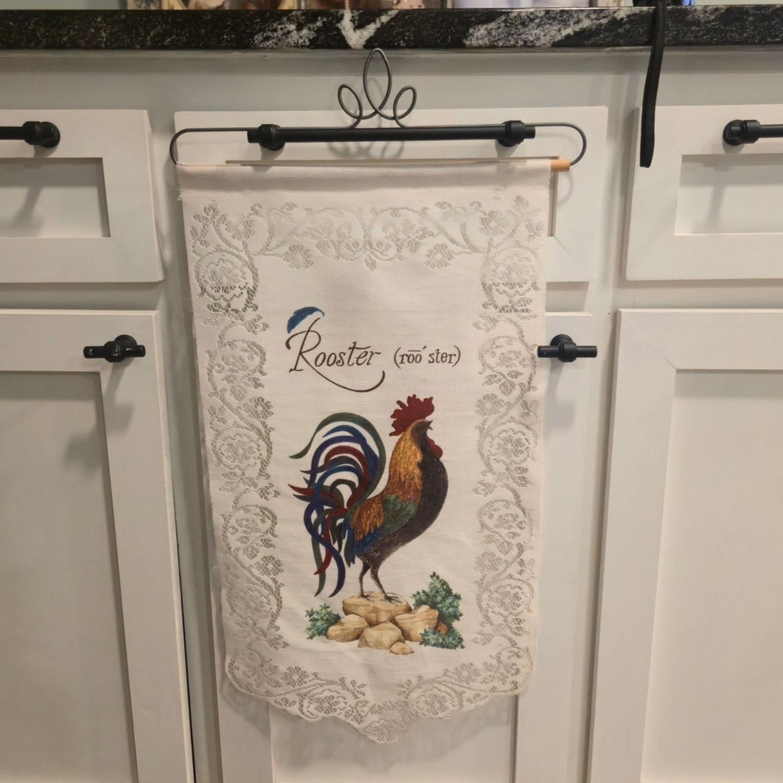 Vintage Rooster Lace wall hanging  Farmhouse Cottagecore  chicken decor