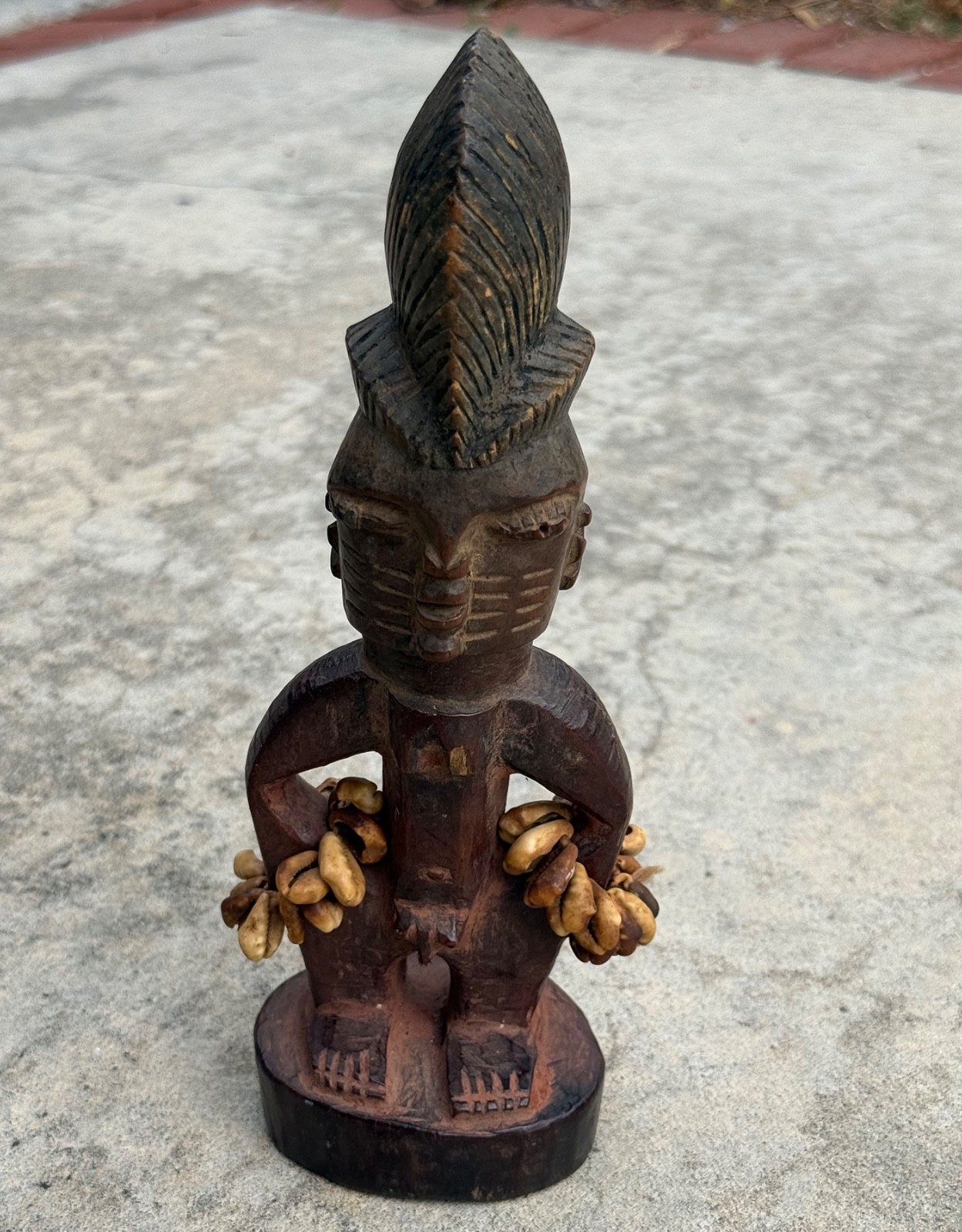 Vintage Yoruba Style Female Figure Nigeria Wood Cowrie Shells Crested Coiffure