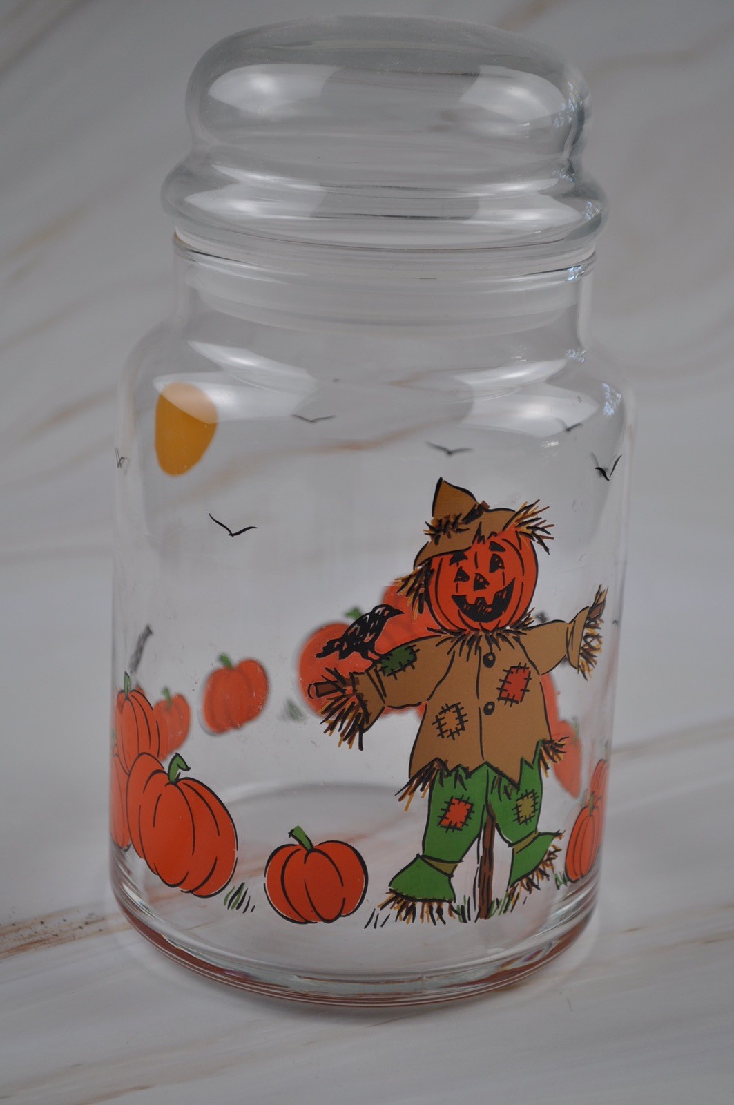 Vintage Libbey Glass Halloween Scare Crow Candy Jar With Lid