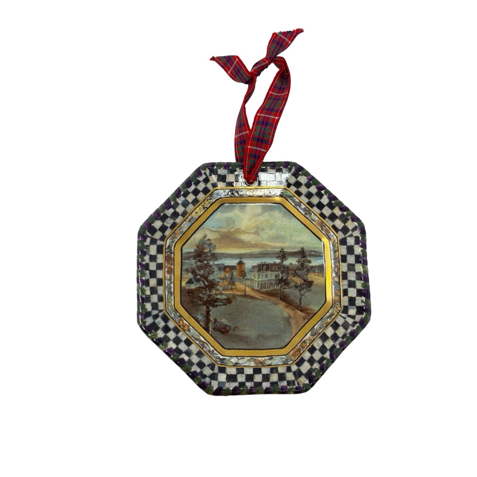 MACKENZIE-CHILDS Maclachlan Plate Ornament Courtly Check Christmas Plaid Ribbon MACKENZIE-CHILDS Maclachlan Plate Ornament Courtly Check Christmas Plaid Ribbon
