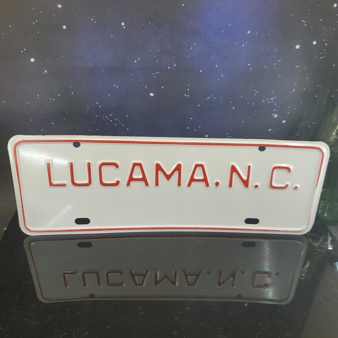 VTG Lucama NC City License Plate Red & White Metal Embossed NOS RARE Sign 