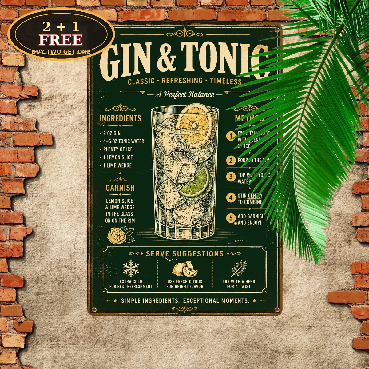 Gin And Tonic Cocktail Sign Retro Recipe Bar Pub Lounge Wall Decor Metal Plaque