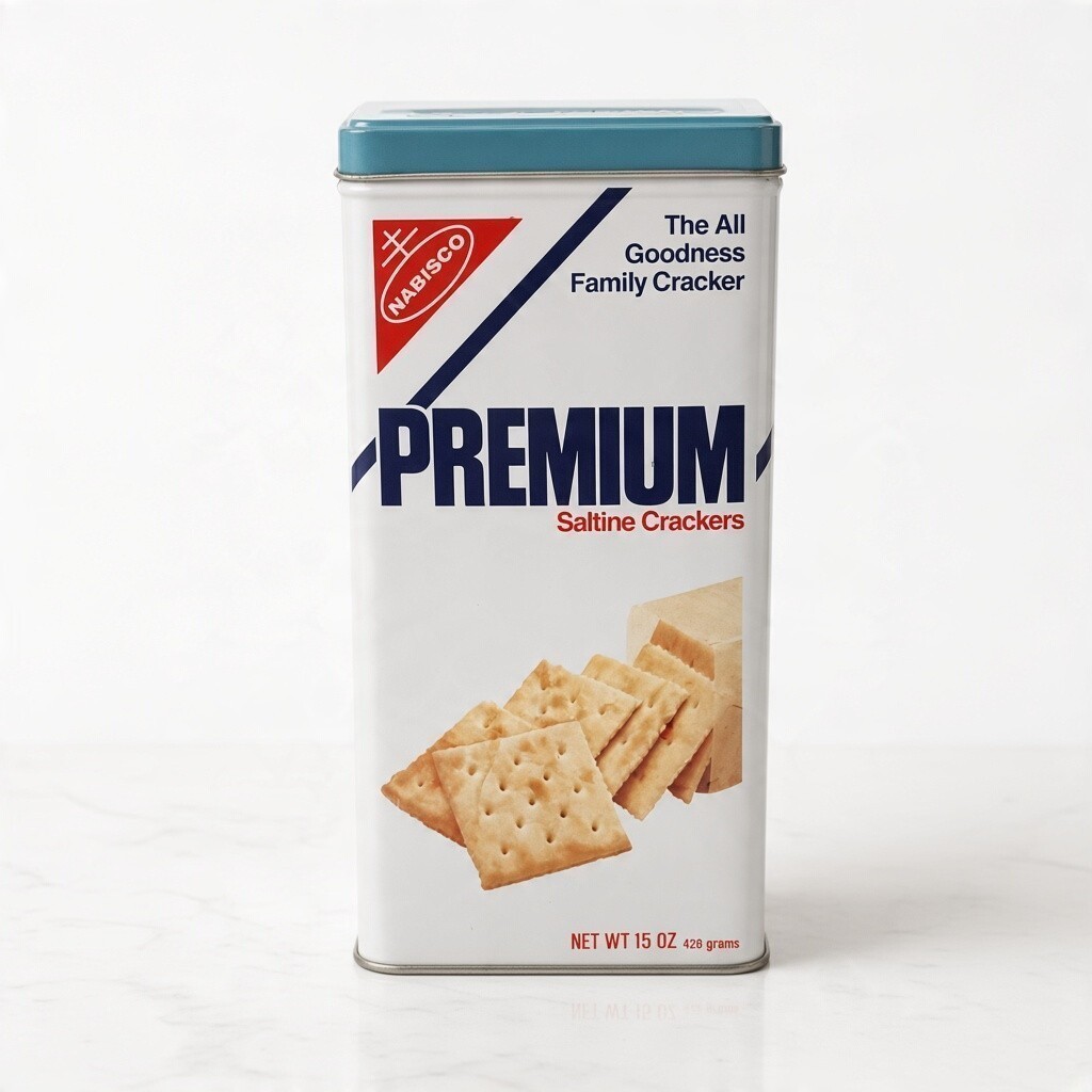 Vintage Nabisco Premium Saltine Crackers Tin Canister w/Blue Lid