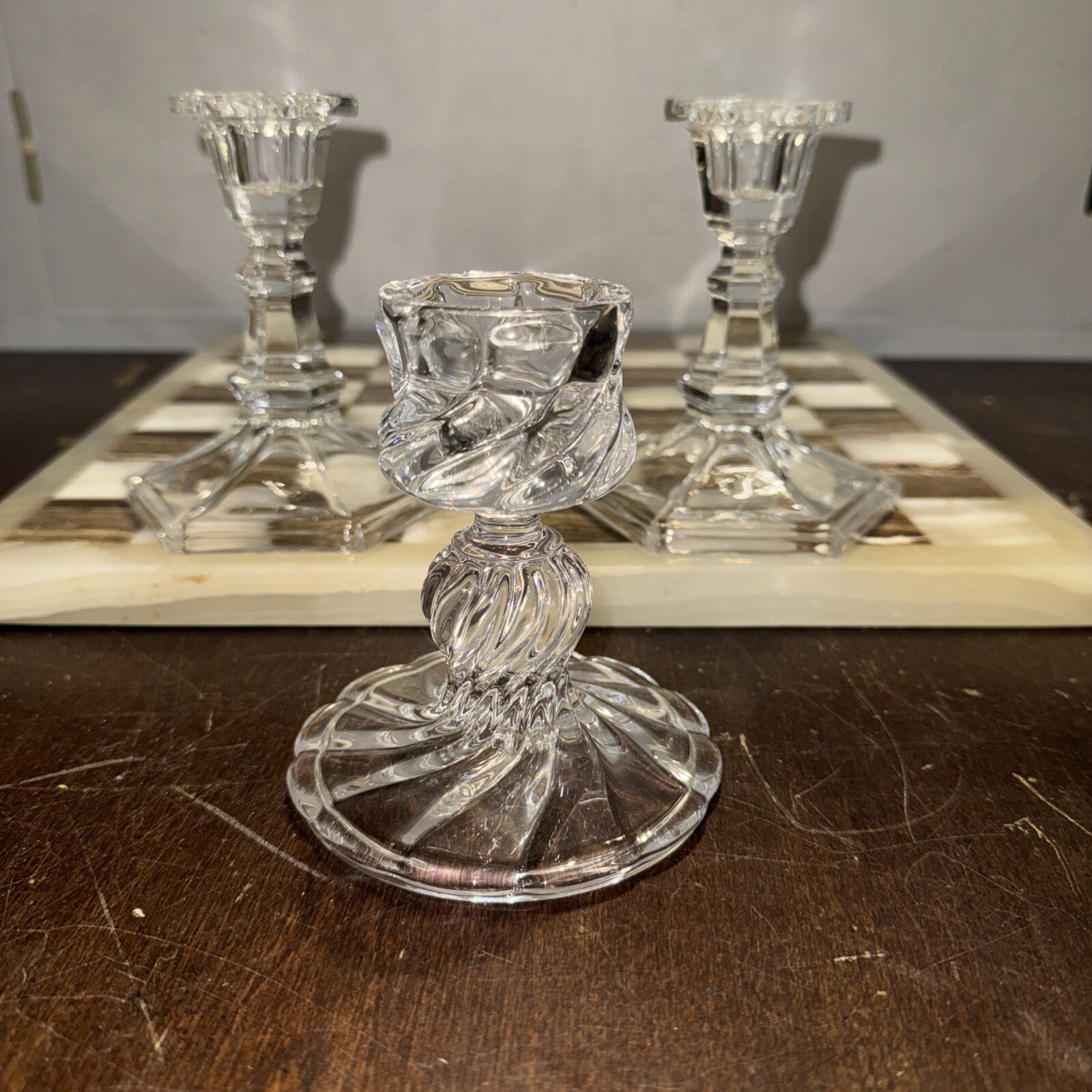 Clear GLASS TAPER CANDLE HOLDERS Candlesticks Hexagon & Swirl Base Lot Of 3 Clear GLASS TAPER CANDLE HOLDERS Candlesticks Hexagon & Swirl Base Lot Of 3