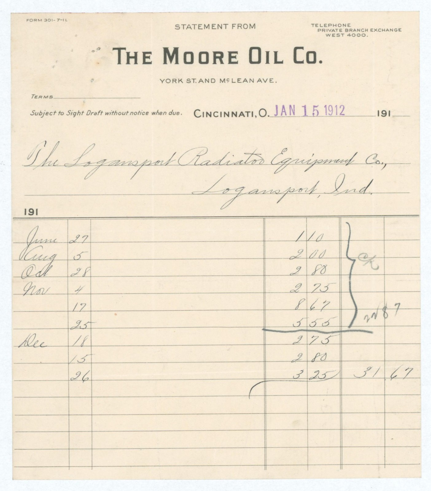 1912 Cincinnati OH Moore Oil Co Gasoline Petroleum Logansport Indiana Statement 1912 Cincinnati OH Moore Oil Co Gasoline Petroleum Logansport Indiana Statement