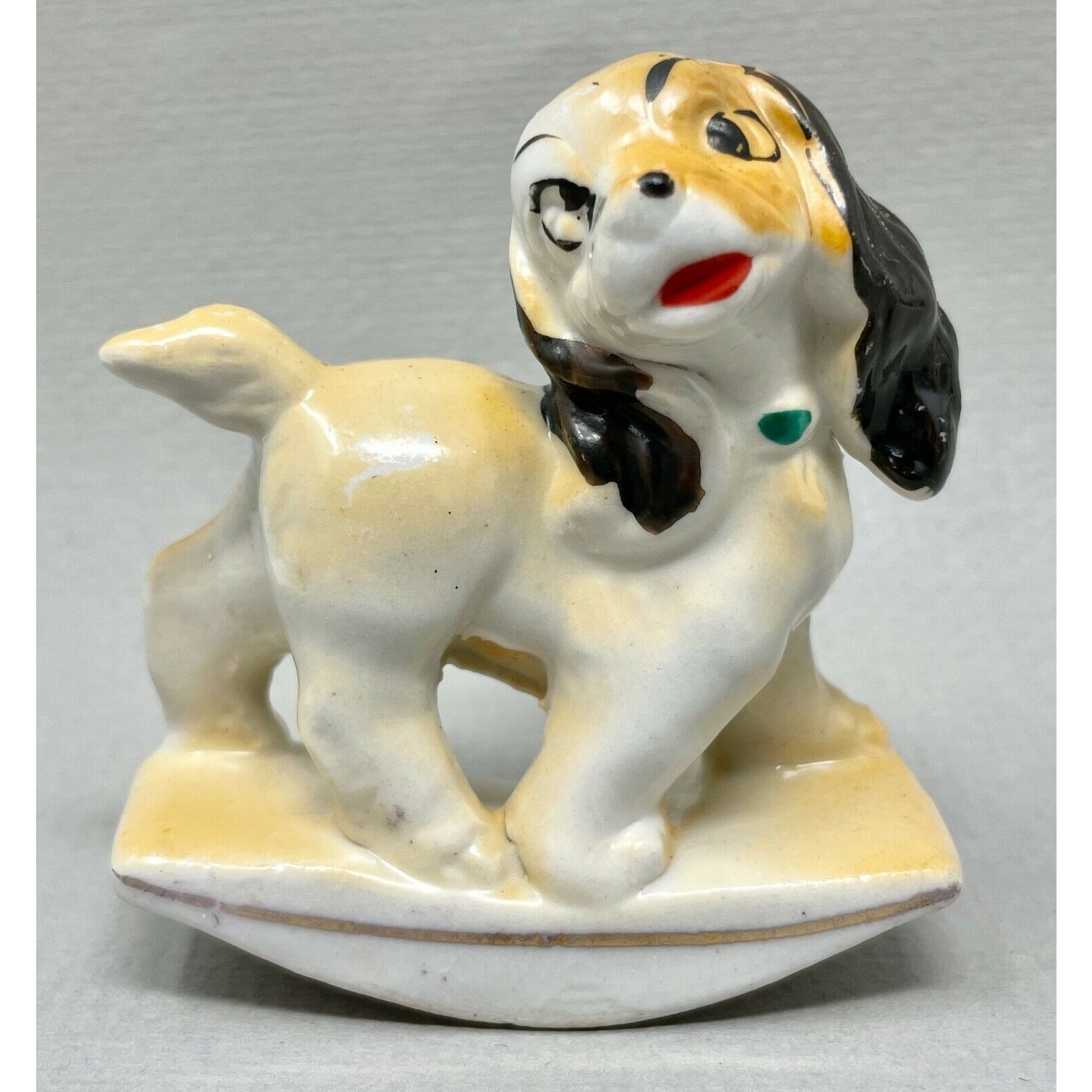 Vintage Ceramic Collie Dog On A Rocking Base, Hand Painted, Marked Japan