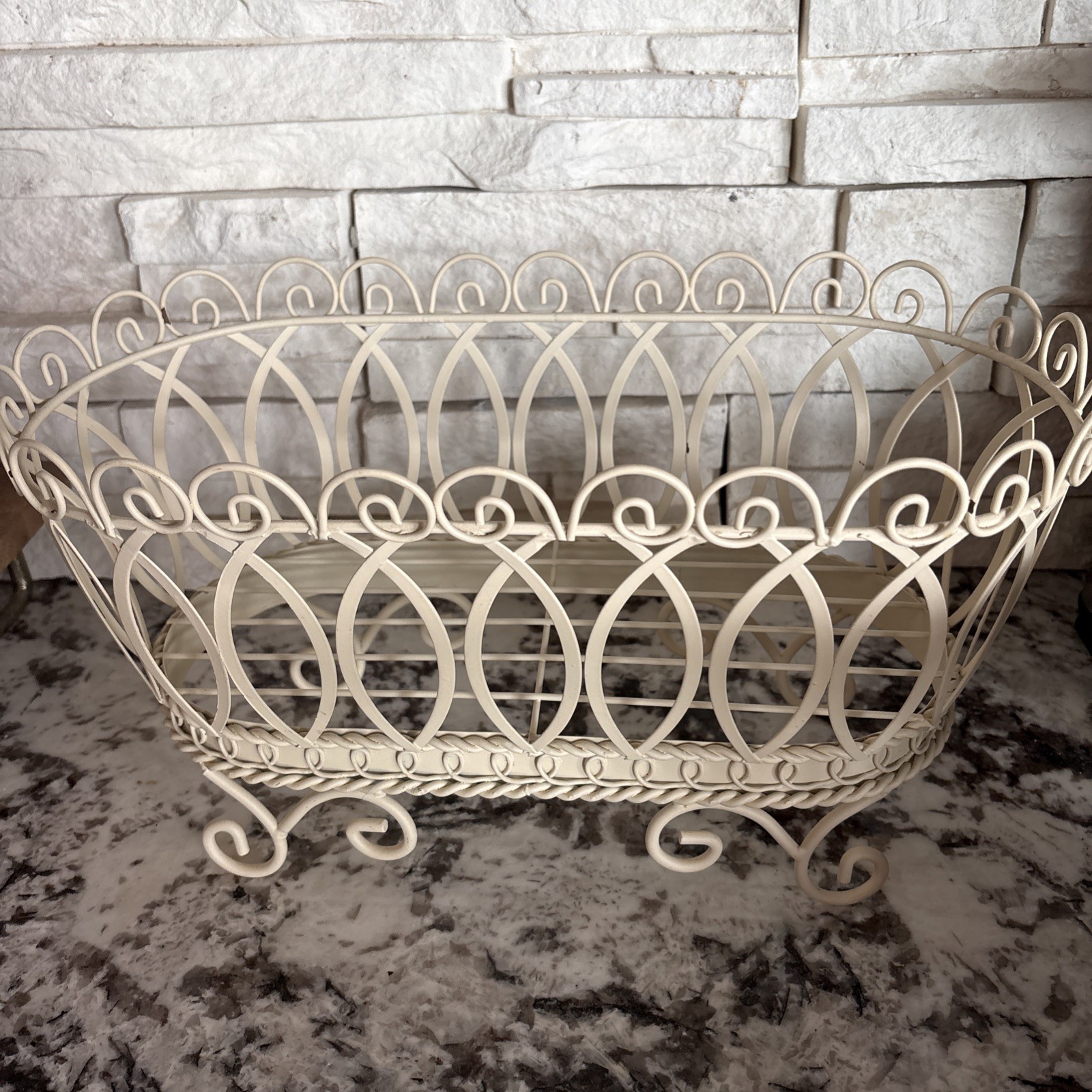 Vtg French Wire Pedestal Basket Creamy White Painted Iron Metal Oblong Planter