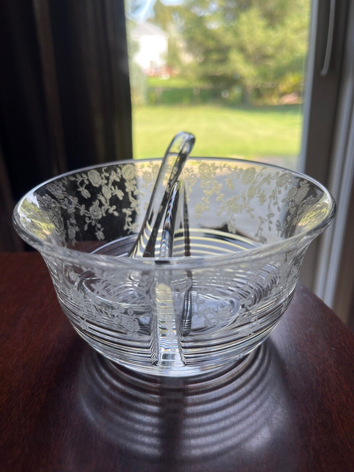 Atq Heavy Lead Crystal Bowl Brilliant Hand Etched Floral Divided Beveled Bottom
