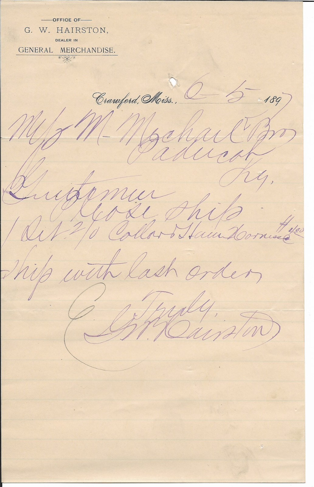 1897 G.W. HAIRSTON GENERAL MERCHANDISE CRAWFORD MISSISSIPPI LETTERHEAD LETTER