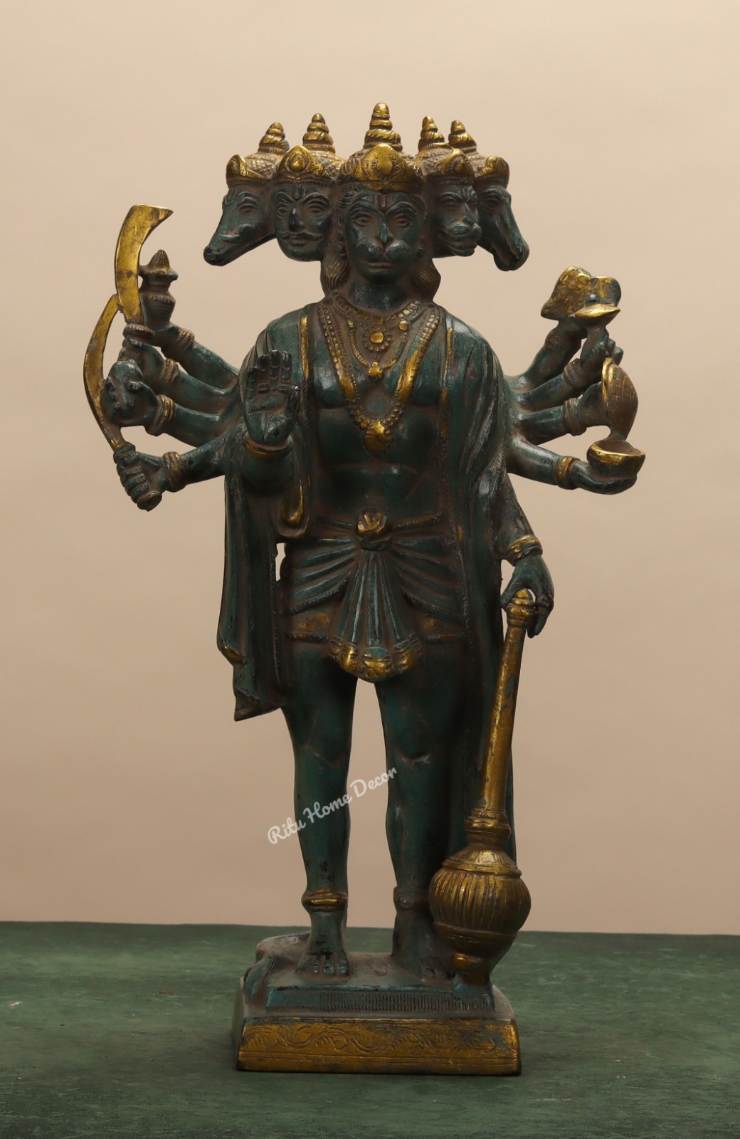 Panchmukhi Hanuman Antique Finish Statue in Brass Standing Big Five Face Hanuman