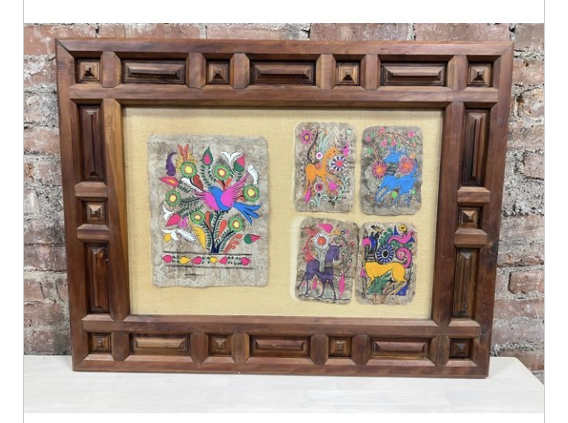 Vtg Traditional Mexican Bark Painting Framed Groovy 70s Boho Stmt Piece Vtg Traditional Mexican Bark Painting Framed Groovy 70s Boho Stmt Piece