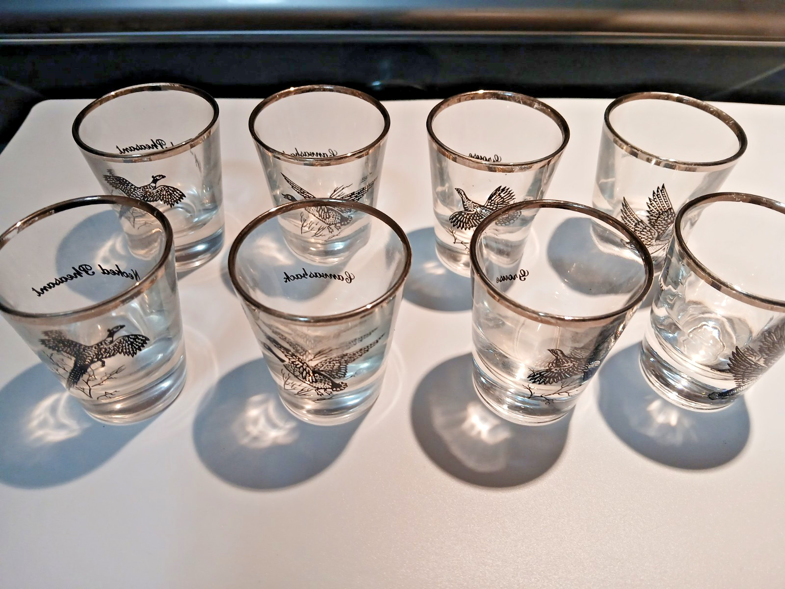 Vintage MCM Federal Glass Wild Game Bird Shot Glasses Silver Rim Set of 8