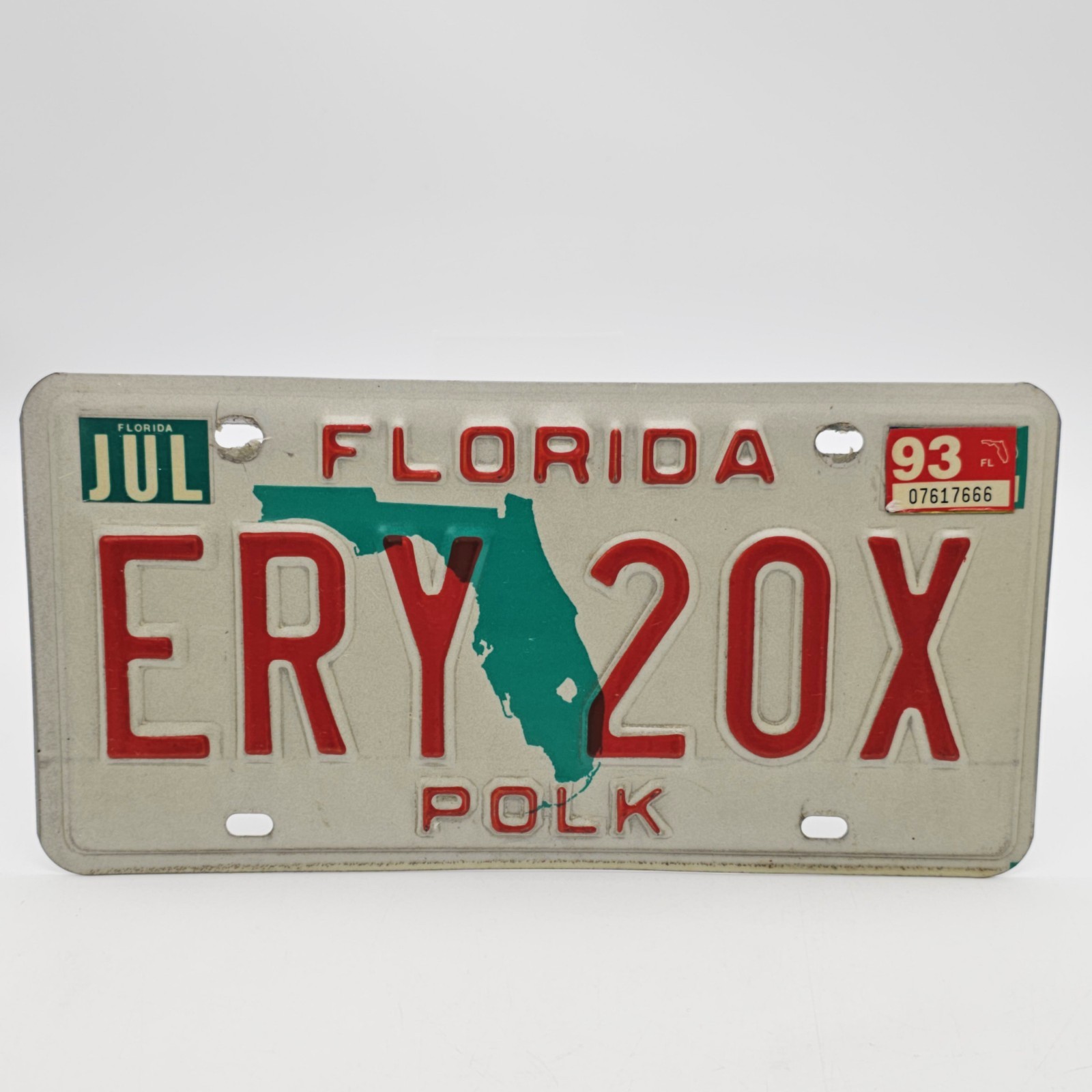 VTG RETIRED Florida License Plate ERY 20X Red Lettering Polk Co EXPIRED JUL 1993