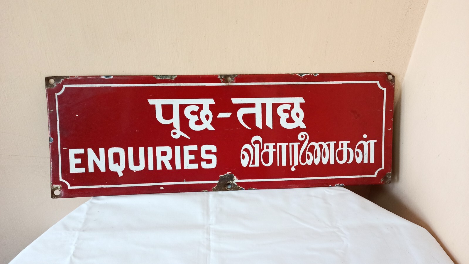 1930\'s Enquiries Antique Vintage Old Advt Tin Enamel Porcelain Sign Board G90